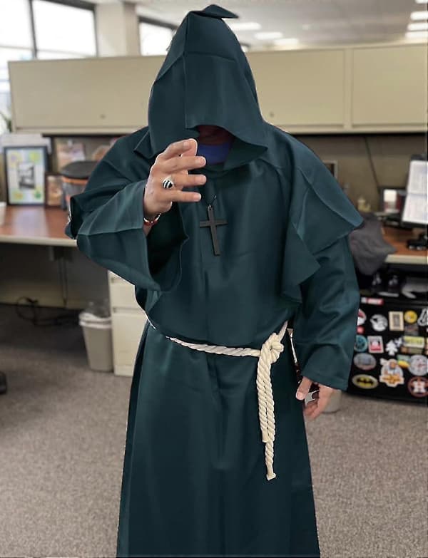 Unisex Voksen Middelalderkappe Kostyme Hettekappe Kappe Munk Prest Trollmann Tunika Kostyme 3 deler Green Medium