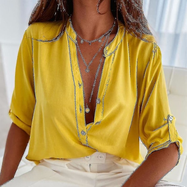 Kvinder kortærmet V-hals skjorte Dame Casual Button-up Baggy Linned Toppe Bluse Yellow L