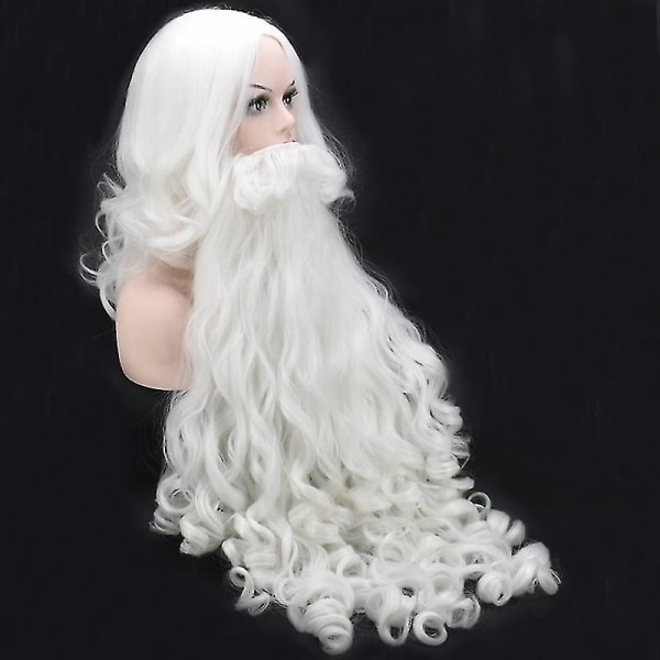 Jul Cosplay Peruk Skägg Jultomten Skägg Peruk Vit Lockig Långt Syntetiskt Hår Vuxen Cosplay Kostym Julgåva Rollspel 60cm Wig and Beard