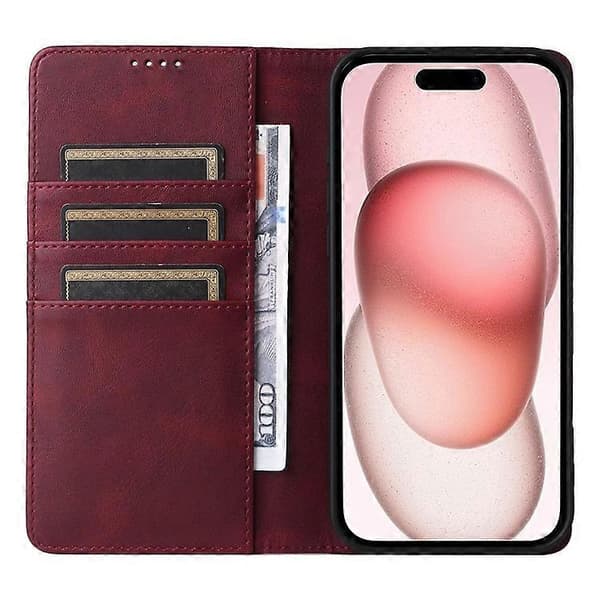 Kompatibel med iPhone 15 Plus / 14 Plus Fodral RFID PU Läder Plånboksstativskydd WineRed