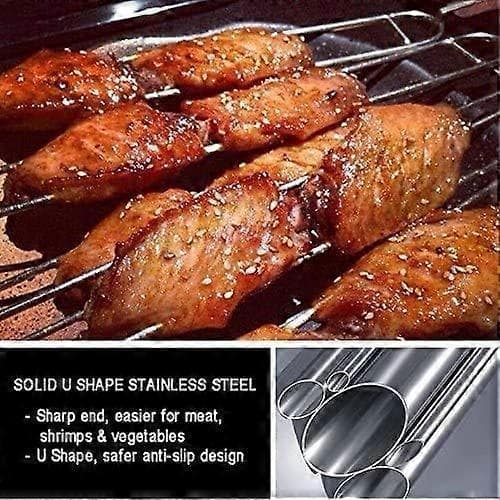 Grillspyd i rustfritt stål med doble pigger og trehåndtak, 6 stk, brun