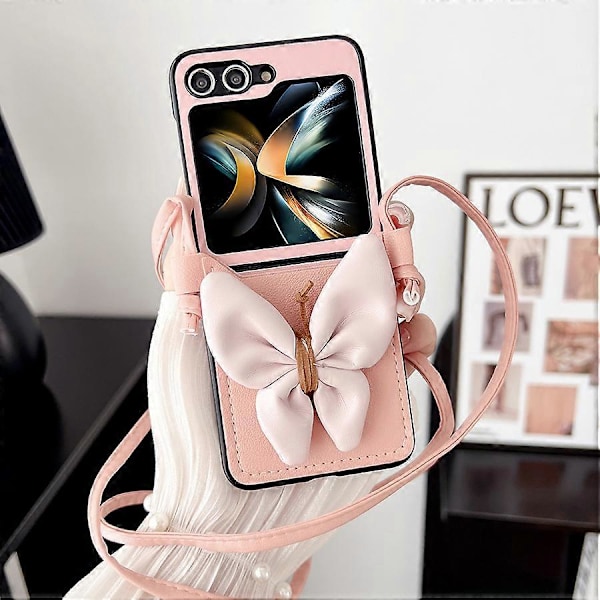 Sød Pigelig Butterfly Shockproof PU Læder Etui til Samsung Galaxy Z Flip 6 med Snøre Pink