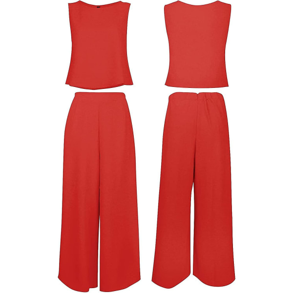 Roylamp sommerantrekk for kvinner i 2 deler Rundhalset Crop Basic Topp Beskåret buksesett med brede ben, Jumpsuits Red Medium