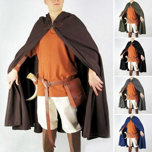 Halloween Kappe med Hætte - Shawl-Stil Design - Kappe med Spænde - Ensfarvet - Middelalderlig Stil - Lang Robe Brown One Size