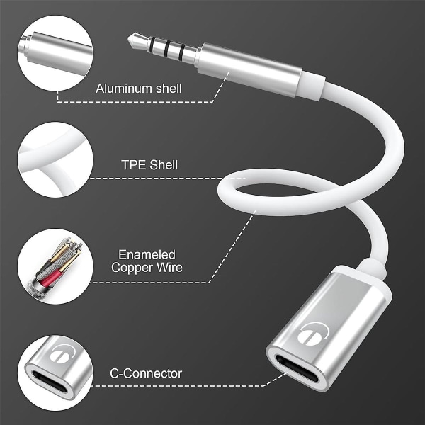 3,5 mm hane till typ C hona ljudkabel sladd, analog ljudjack hörlurar ljudadapter för MP3-spelare, bärbar dator, surfplattor Silver