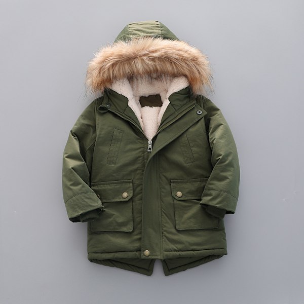 Vinterjakke for barn med pelshette, lett dunjakke, varm fleecejakke, egnet for gutter, jenter og småbarn (Grønn-110cm) Green 110cm