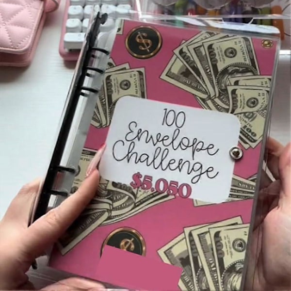 100 Kuvertmapp & 52 Fredagar Mapp, 100 Kuvert Pengarsparande Utmaning, Sparutmaningsmapp, Pengarsparande Kuvert Style A Pink