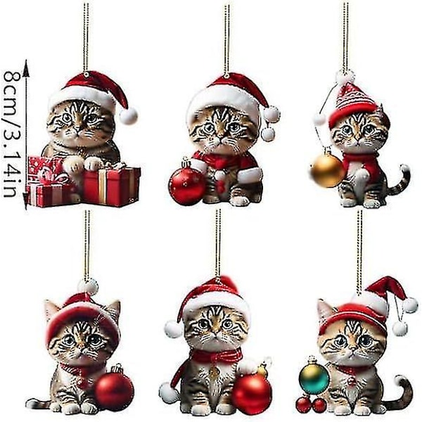 Julgranshänge med katt, 2D akryl julgranshänge med katt, julgranshänge med katt, julklapp 6pcs -A