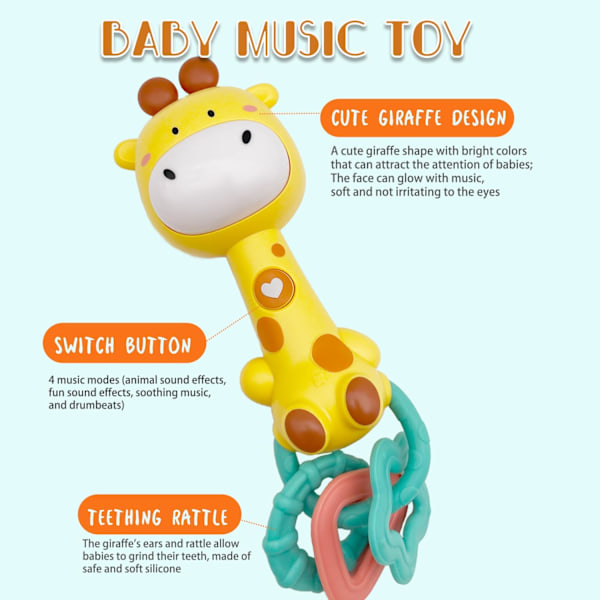 Baby Musical Rattles 0-12 måneder, Baby Teething Toys med musikk og lys, Infant Educational Learning Toys, Teethers for Newborn Baby Boy Girl Gifts Giraffe