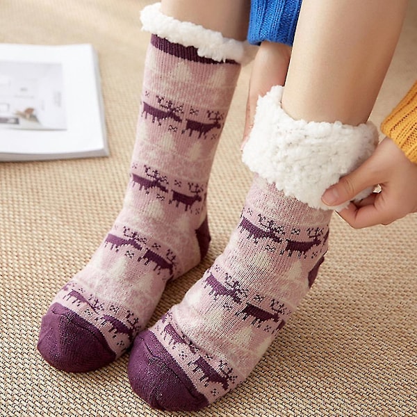 Kvinnors hjort mysiga tofflor strumpor fleece långa jul mjuka varma golvsockor Purple