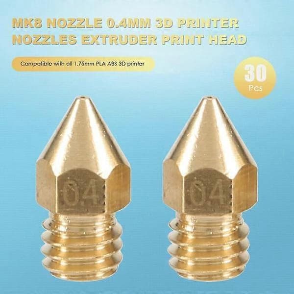 30 stk. Mk8 Dyse 0,4 mm 3D Printer Dyse Ekstruder Printhoved til 3D Printer -10 (Plastikboks 1 stk.)