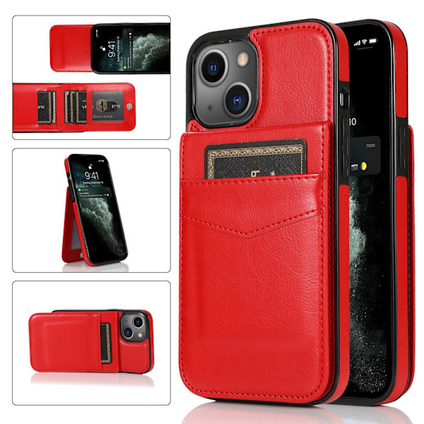 Plånboksfodral med Kortfack, Premium Läder Magnetlås Ställ Robust Skydd för iPhone 26 (röd)（PA） red iPhone14Plus