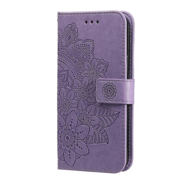 För iPhone 14 Plus 7-bladiga Blommor Prägling Läderfodral Light Purple