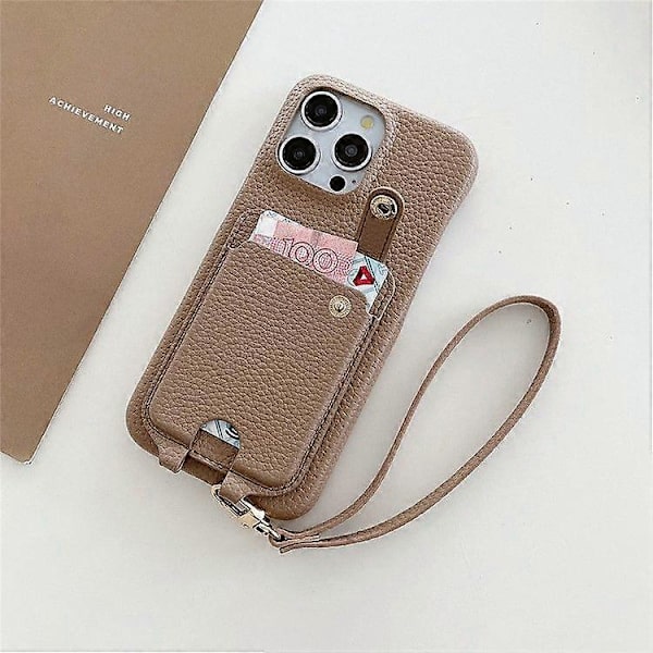 Fodral för iPhone 16 Pro Max, multifunktionella kortfack, läderbaksida med handledsrem Light Brown