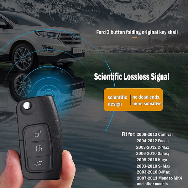 3 knapper Flip Folding fjernkontroll Bilnøkkel kompatibel Kompatibel F-o-r-d Focus Fiesta C-max S-max Kuga Mondeo Mk4 Galaxy (ukuttet nøkkelblad)