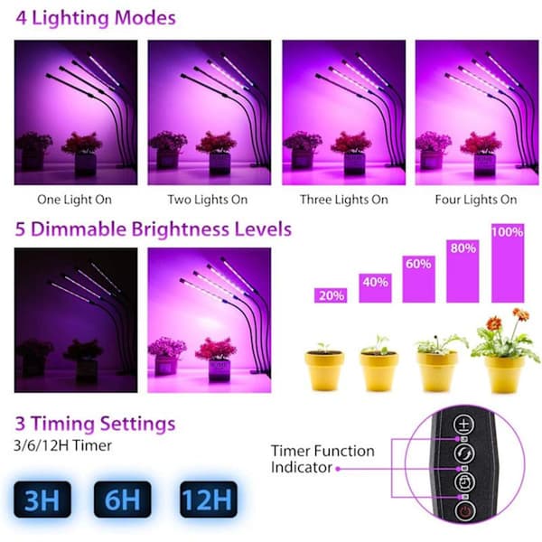 Växtlampa / växtbelysning med 4 flexibla LED-lysrör, 1-pack
