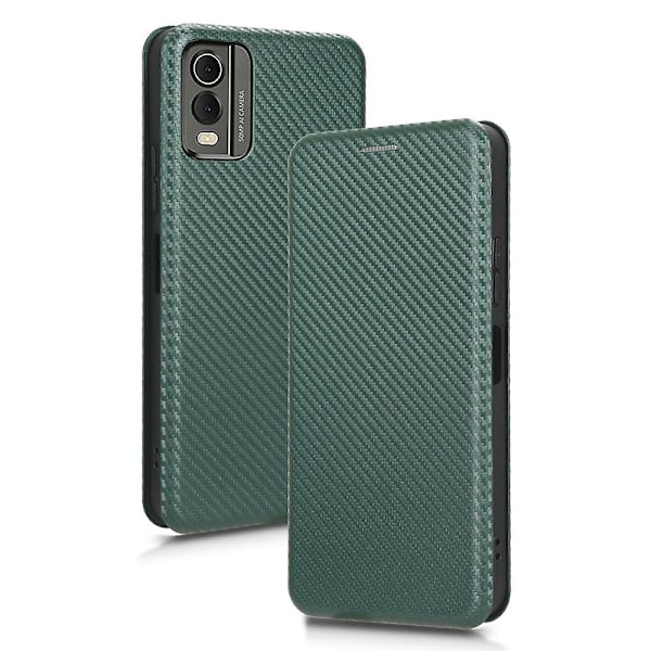 Nokia C32 PU Læder Carbon Fiber Tekstur Cover Kort Holder Stativ Telefon Case Green Nokia C32