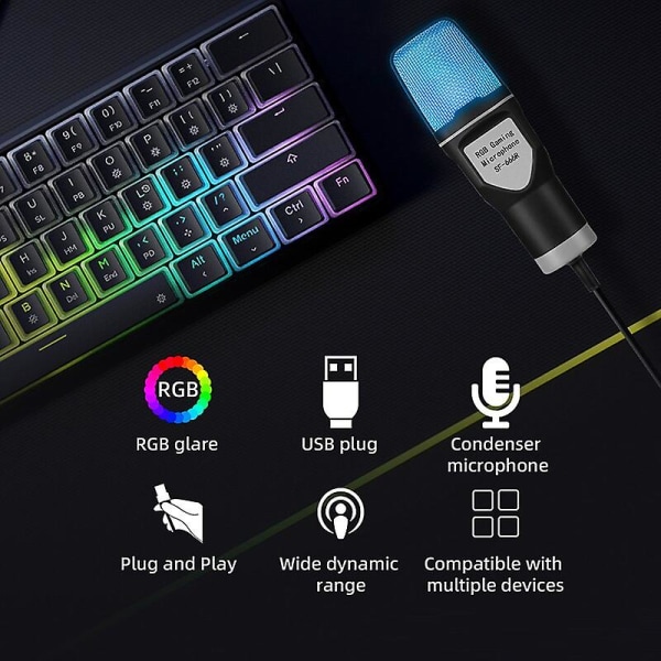 USB Mikrofon Rgb Mikrofon Kondensator Wire Gaming Mic För Podcast Inspelningsstudio Streaming Laptop Stationär PC Black
