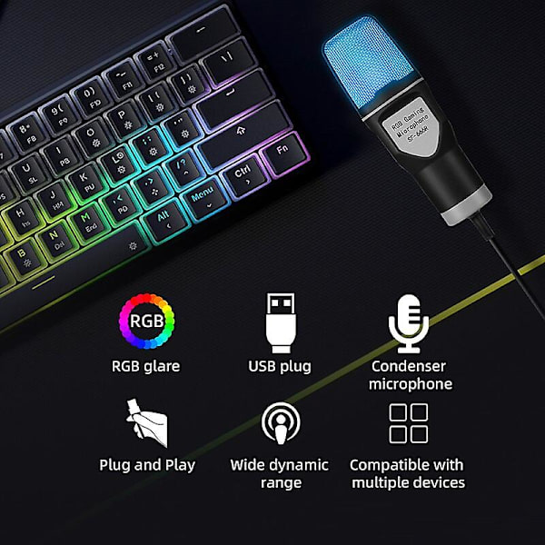 USB Mikrofon Rgb Mikrofon Kondensator Wire Gaming Mic För Podcast Inspelningsstudio Streaming Laptop Stationär PC Black