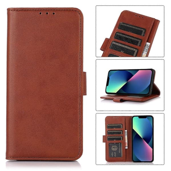 Mobilskal i läder med ko-textur för iPhone 14 Brown