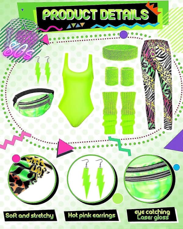 7 stk. 80'er-kostume 80'er-tilbehørssæt 80'er 90'er Leotard Legging Håndled Ben S Øreringe Bæltetaske Bright Zebra Medium
