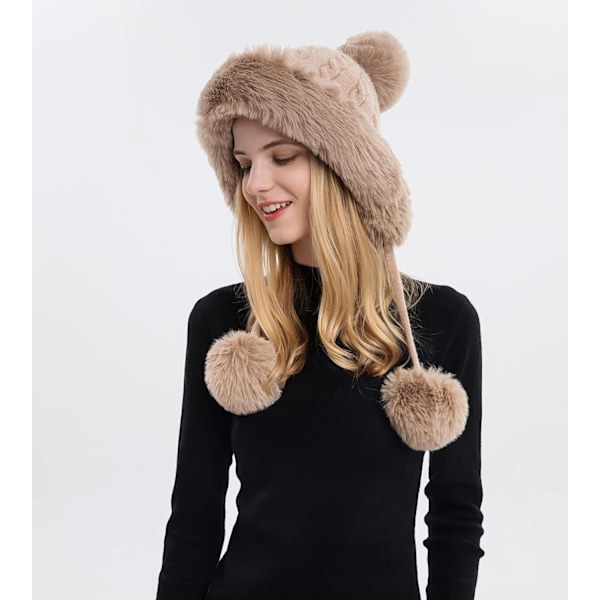 Dam vinter Peruvian öronbeklädnad Beanie Hat Öronklaffar Sherpa Skidmössa Stickad Fleecefodrad 3 Pom Khaki Solid One Size