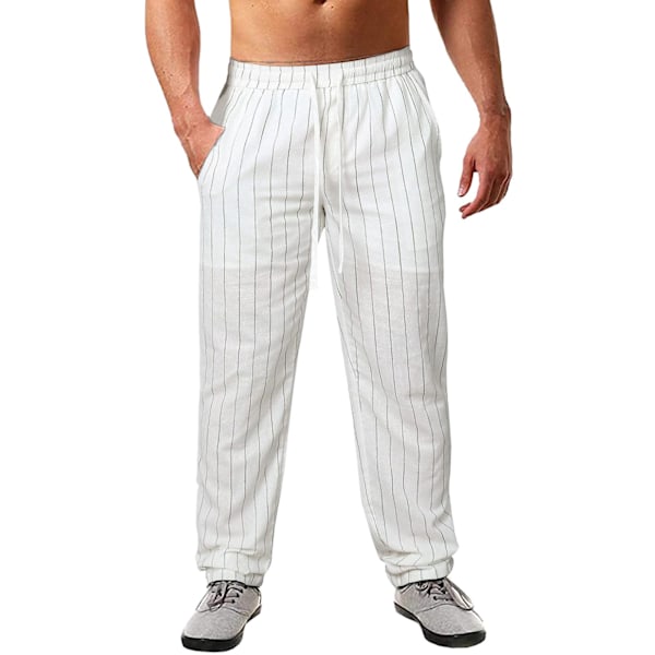 Nya Herr Vertikalrandiga Dragsko Elastisk Midja Bomull och Linne Strandbyxor Casual Byxor White XXL