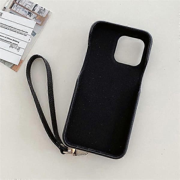 Fodral för iPhone 16 Pro Max, multifunktionella kortfack, läderbaksida med handledsrem Black
