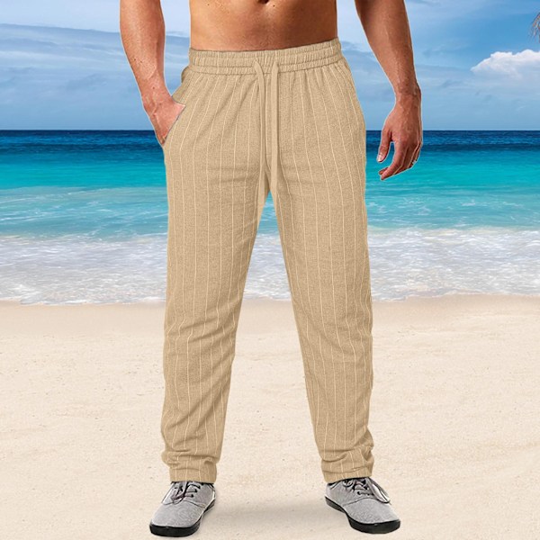 Nya Herr Vertikalrandiga Dragsko Elastisk Midja Bomull och Linne Strandbyxor Casual Byxor Khaki XXXL