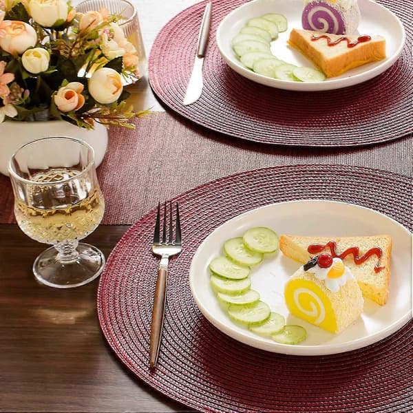 Runda flätade bordstabletter, set om 6, 38 cm (mörkröd)