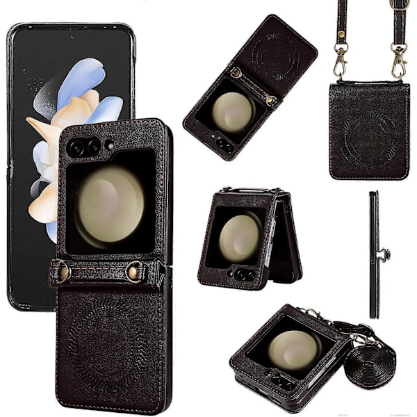 Magsafe Crossbody Læder Shockproof Etui til Samsung Galaxy Z Flip 6 med Aftagelig Rem Black