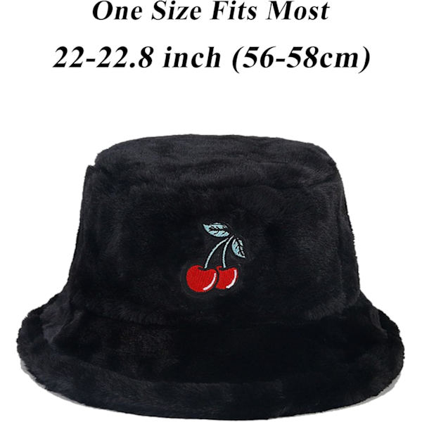 Fuzzy Bucket Hat för Kvinnor och Män - Luddig, Söt Bucket Hat för Vinter, Varm Plysch, Fiskehatt, Fluffig Sherpa, Rolig Hatt Cherry-a-black