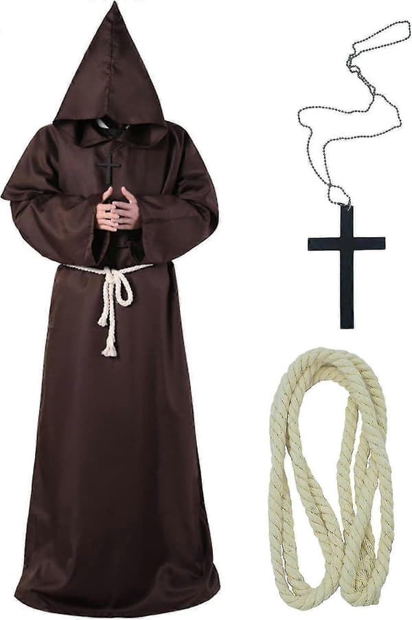 Unisex Voksen Middelalderkappe Kostyme Hettekappe Kappe Munk Prest Trollmann Tunika Kostyme 3 deler Brown Medium
