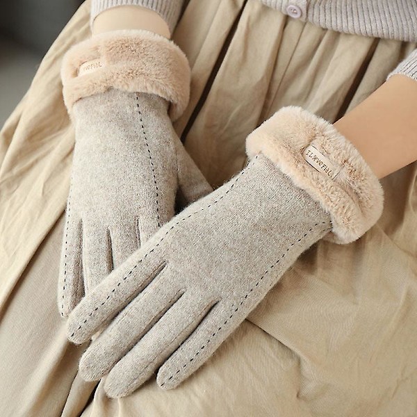 Cashmere ullhandskar för kvinnor vinter söt ridning varm sammet vadderad tjock touch screen kall-proof skidåkning Khaki Average size