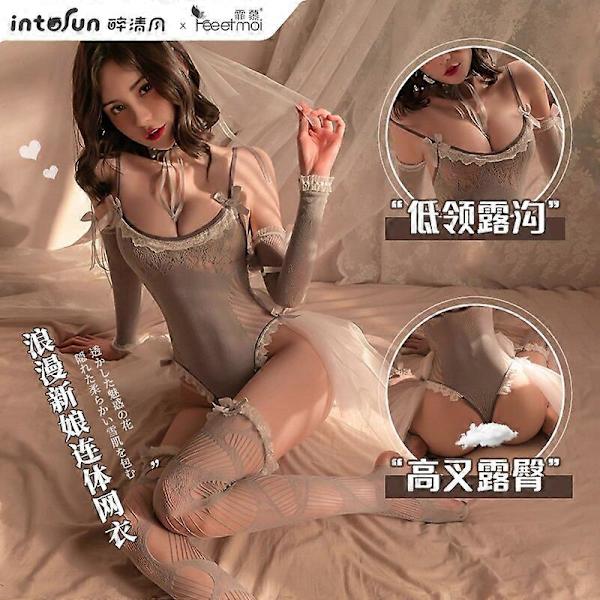 Sexig spets genomskinlig exotisk kostym brud cosplay piga outfit rosett stretch fisknät body med pannband slöja strumpa