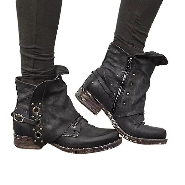 Naisten Retro Biker Saappaat Nilkkurit Block Heel Vetoketju casual kengät Black 43