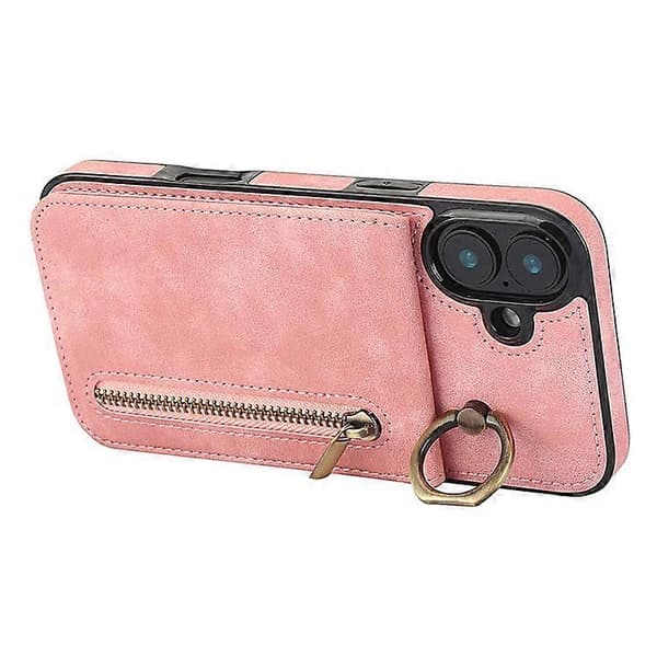 Kompatibel med iPhone 16 Plus-deksel RFID-ringstativ Retro skinn+TPU Anti-fall telefondeksel Pink