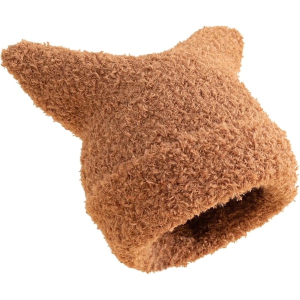 Luftiga Kattöron Stickade Mössor, Varma Vinter Slouchy Virkade Mössor Roliga Plysch Kattöron Keps för Flickor Kvinnor Brown Medium-Large