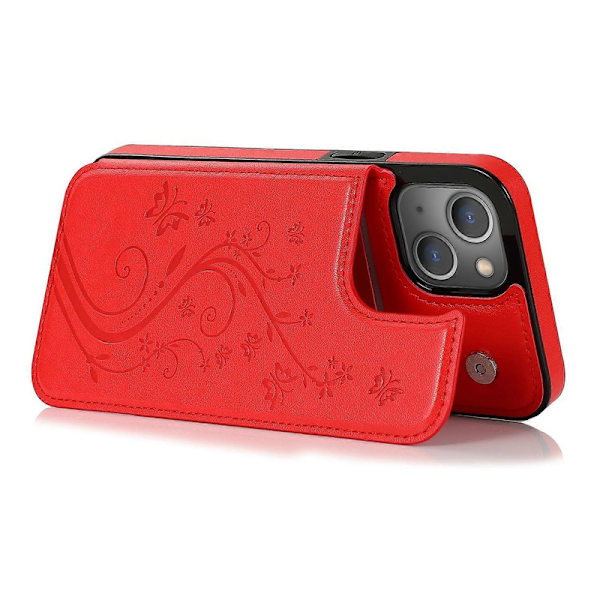 For iPhone 14 Plus Sommerfugler Blomster Dobbel Spenne Deksel Red
