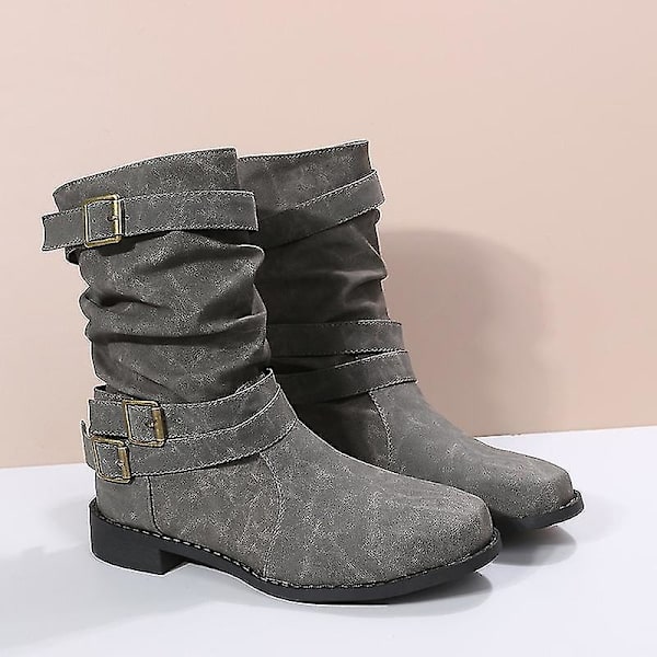 Kvinner Høst Vinter Korte Støvler Dame Mid Calf Lave hæler Spenne Støvler Grey 41