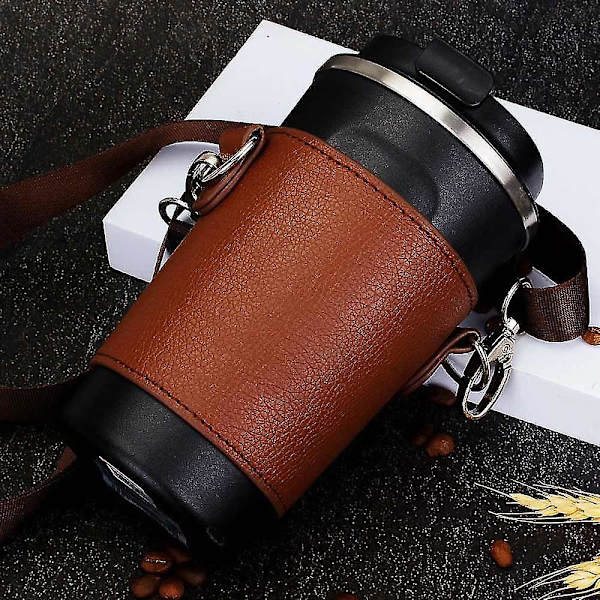 Bärbar kopphållare i PU läder, kaffekoppshållare i läder med axelremmar, återanvändbar kaffefodral i läder Dark brown L