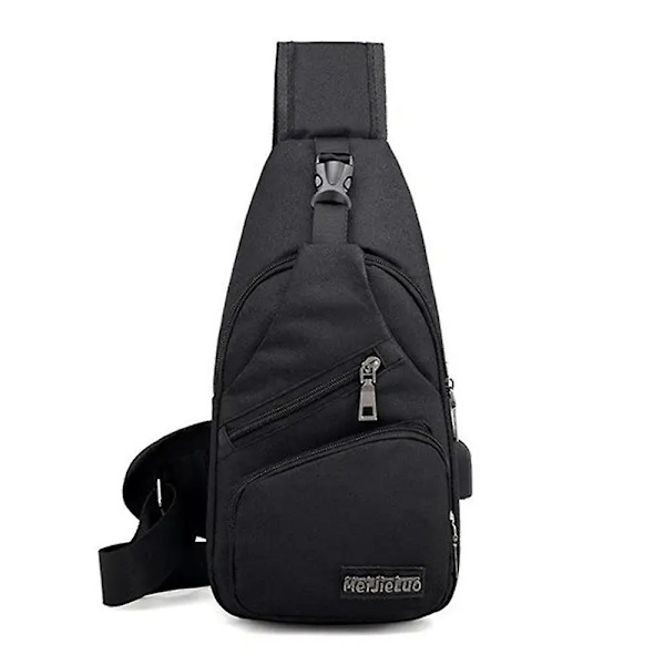 Miesten vedenpitävä kevyt olkalaukku, rintapussi, crossbody-päiväreppu USB-latausportilla päivittäiseen käyttöön, matkustamiseen ja vaellukseen Black