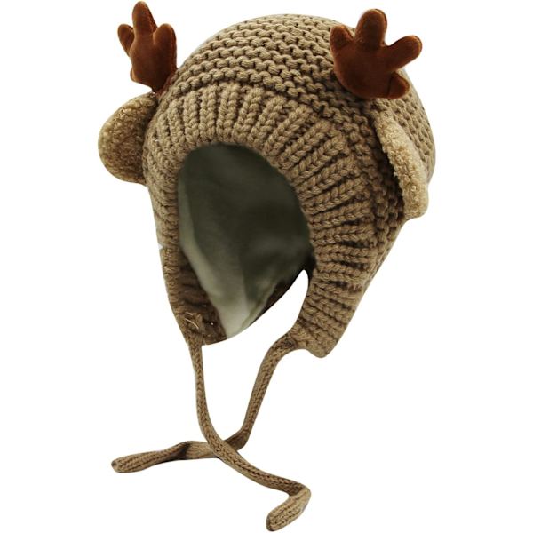 Søt Hjorte-Elg Hodeplagg Babyhatt Vinter Varmt Plysj Strikket Ørevarmer Bonnet Gutter Jenter Caps Beanie med Hakestropp Coffee One Size