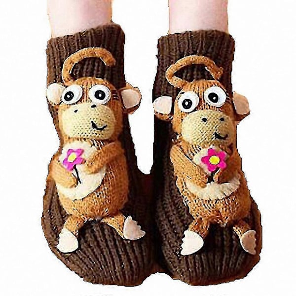 Voksen Jul Sklisikre Strikkede Gulvsokker med Søt 3D Tegneseriefigur Brown monkey
