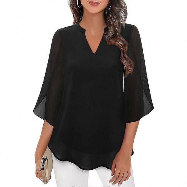 Dame Flæsebluser Afslappet V-hals Dobbeltlag Chiffon 3/4 Ærmer Toppe Sort Black L