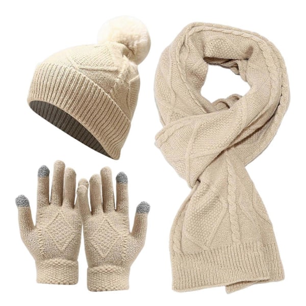 3-delars Set Vinterhatt, Halsduk och Vantar för Män - Tjock Stickad, Varm, Elastisk Öron- och Fingerskydd Beige