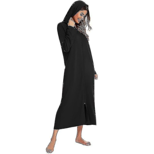 Lang sweatshirt med hette Badekåpe for kvinner med lommer - Zip Up Robe Nattkjole Housecoat solseng Black L