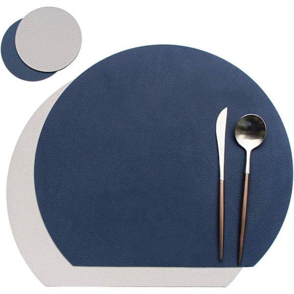 Runde bordskånere, skridsikre vendbare kunstlæder bordskånere sæt med 2 vaskbare bordskånere og 2 underlag, kaffemåtter til spiseborde Dark Blue + Grey