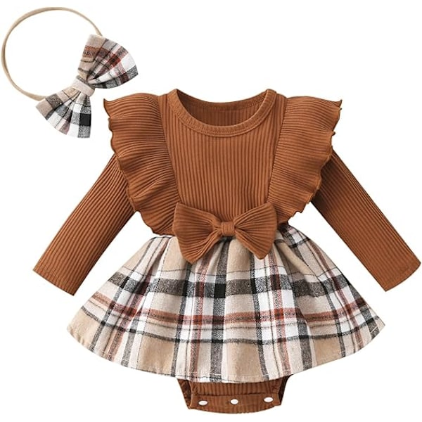 Babypige Efterårs- og Vintertøjssæt - Plaid Romper Kjole med Ruffler, Langærmet, Jumpsuit med Buespænd 9-12M