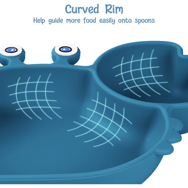 Baby Plate Silikon Sugkopp Barnplattor, Självmatningsträning Uppdelad Tallrik, Halkskyddad Silikon Baby Avvänjningstallrik för de flesta barnstolar Brickor blue